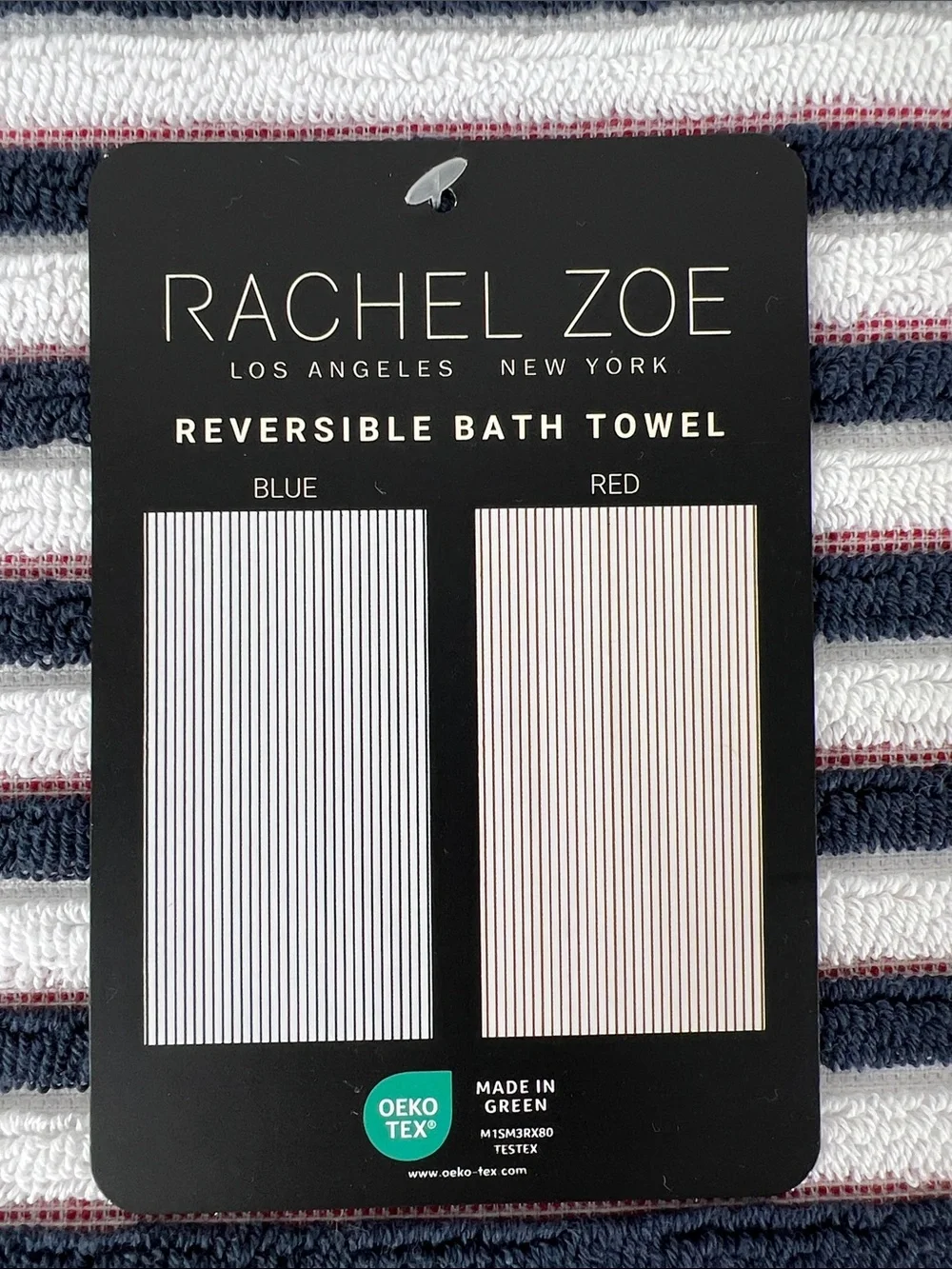 Rachel Zoe Bath Towels Reversible Navy, White and Red Striped Cotton 2 Pc NEW